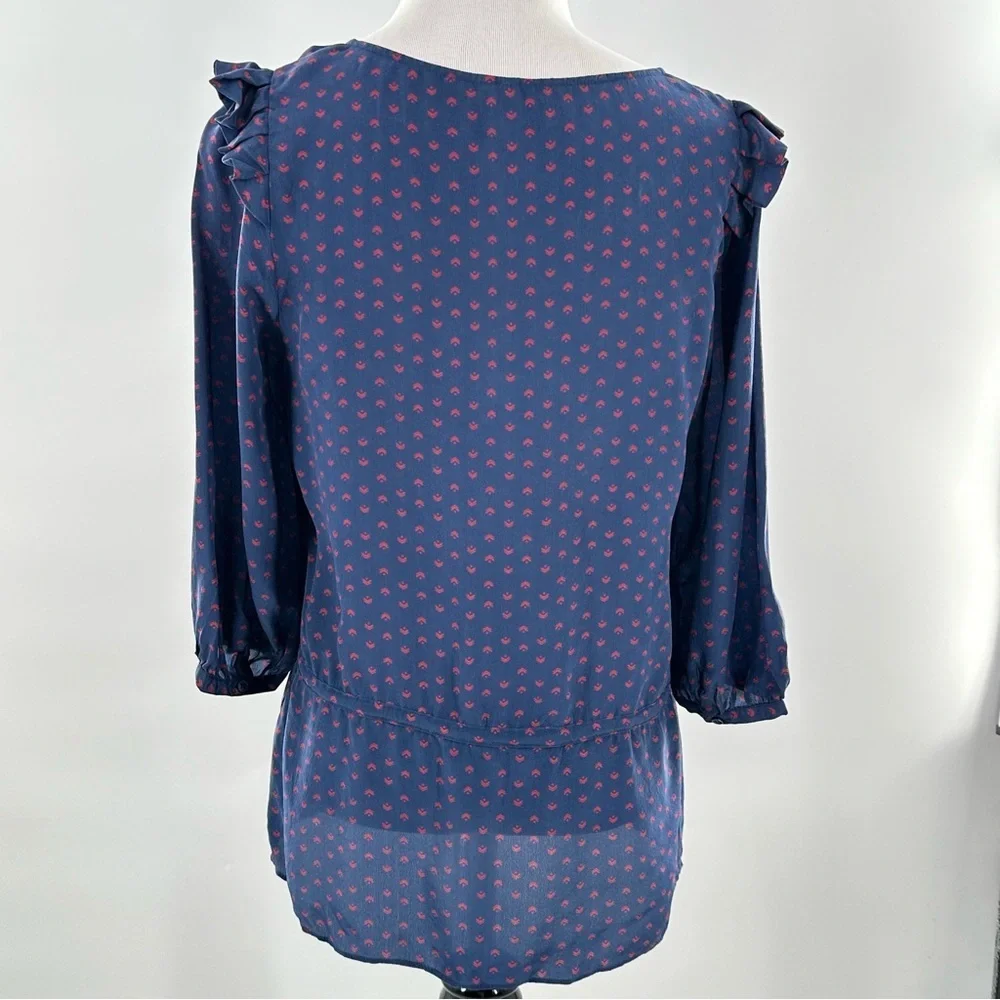 Petticoat Alley top S blue red 100% silk ruffle button down statement sleeves